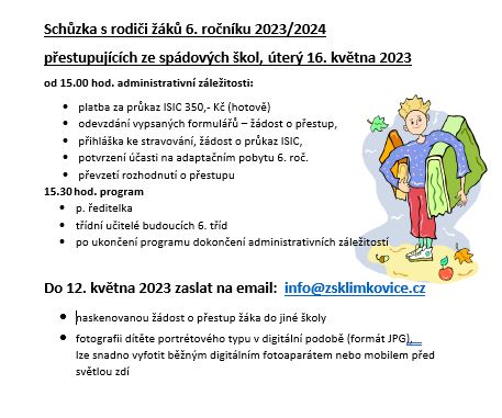 Schůzka s rodiči žáků 6. ročníku 2023/2024 přestupujících ze spádových škol, 16. 5. 2023 od 15 hodin Schůzka s rodiči žáků 6. ročníku 2023/2024 přestupujících ze spádových škol, 16. 5. 2023 od 15 hodin