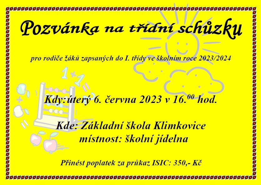 Třídní schůzka pro rodiče budoucích prvňáčků, 6.6.2023