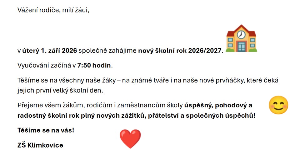 Zahájení školního roku 2026-2027